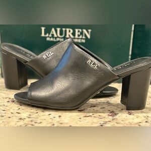 Ralph Lauren Harlowe Black Leather Heels Slides Sandals Shoes sz 7B
